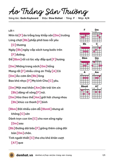 Hợp âm Áo Trắng Sân Trường (Võ Hạ Trâm) – bản nhạc PDF trang 1, tông F
