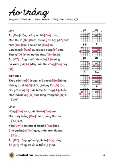Hợp âm Áo trắng (guitar) – bản nhạc PDF trang 1, tông Dm