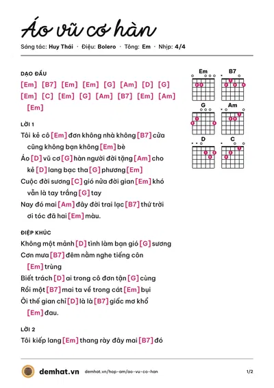 Hợp âm Áo vũ cơ hàn (Huy Thái) – bản nhạc PDF trang 1, tông Em