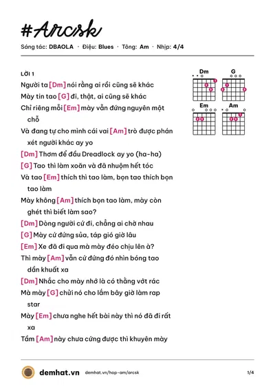 Hợp âm #Arcsk (Da Lab) – bản nhạc PDF trang 1, tông Am