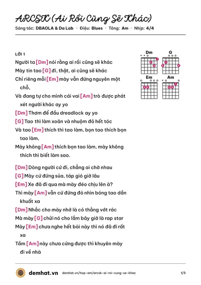 Hợp âm ARCSK (Ai Rồi Cũng Sẽ Khác) (Da Lab) – bản nhạc PDF trang 1, tông Am