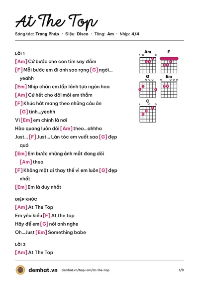 Hợp âm At The Top (Trang Pháp) – bản nhạc PDF trang 1, tông Am