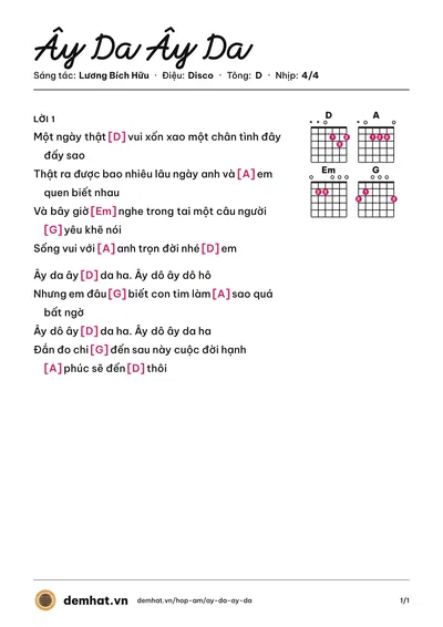 Hợp âm Ây Da Ây Da (Lương Bích Hữu) – bản nhạc PDF trang 1, tông D