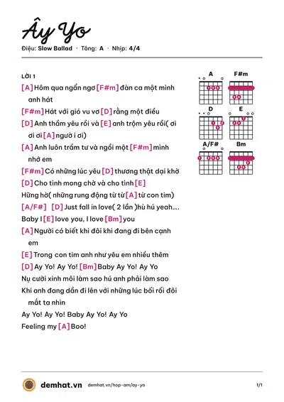 Hợp âm Ây Yo (365 Band) – bản nhạc PDF trang 1, tông A