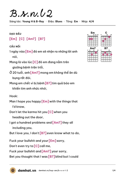 Hợp âm B.s.n.l 2 (Young H) – bản nhạc PDF trang 1, tông Em