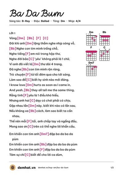 Hợp âm Ba Da Bum (B-Ray) – bản nhạc PDF trang 1, tông Dm