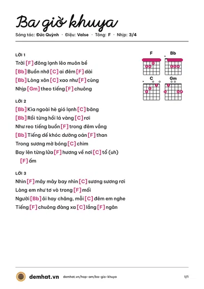 Hợp âm Ba giờ khuya (Đức Quỳnh) – bản nhạc PDF trang 1, tông F