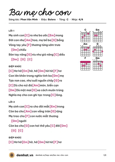 Hợp âm Ba mẹ cho con (Phương Diễm Duyên) – bản nhạc PDF trang 1, tông C