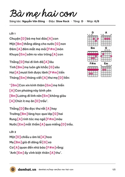 Hợp âm Bà mẹ hai con (Chế Linh) – bản nhạc PDF trang 1, tông D