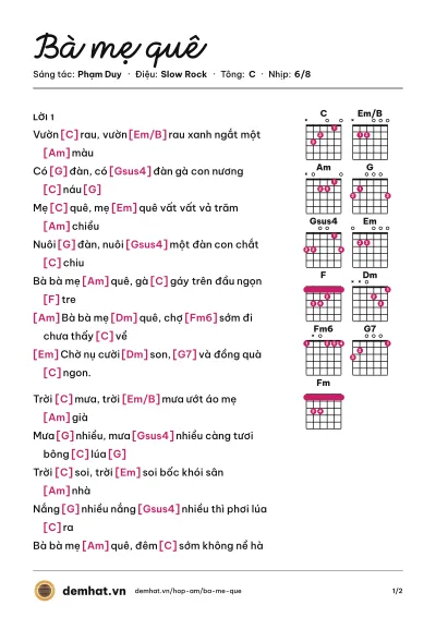 Hợp âm Bà mẹ quê (Duy Quang) – bản nhạc PDF trang 1, tông C