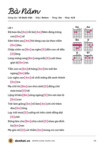 Hợp âm Bà Năm (Quốc Đại) – bản nhạc PDF trang 1, tông Em