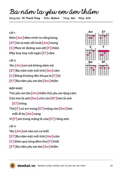 Hợp âm Ba năm ta yêu em âm thầm (Thái Châu) – bản nhạc PDF trang 1, tông Am