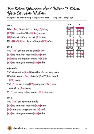 Hợp âm Ba Năm Yêu Em Âm Thầm (3 Năm Yêu Em Âm Thầm) (Thái Châu) – bản nhạc PDF trang 1, tông Am