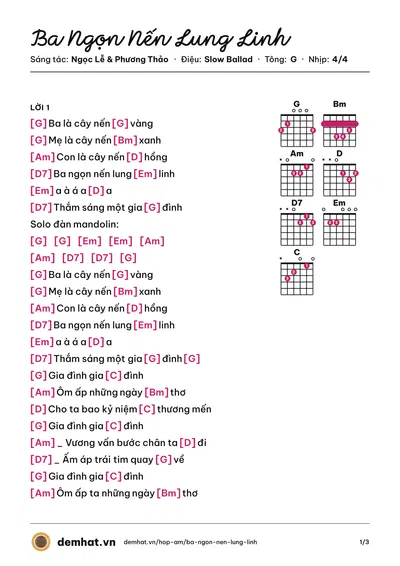 Hợp âm Ba Ngọn Nến Lung Linh (Ngọc Lễ) – bản nhạc PDF trang 1, tông G