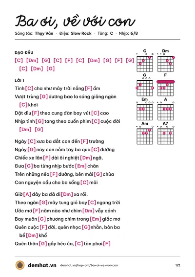 Hợp âm Ba ơi, về với con (Diệu Hiền) – bản nhạc PDF trang 1, tông C