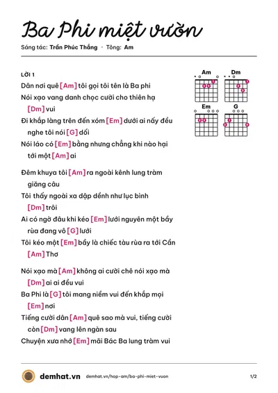 Hợp âm Ba Phi miệt vườn (Đông Phương Trường) – bản nhạc PDF trang 1, tông Am