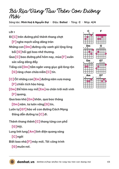 Hợp âm Bà Rịa Vũng Tàu Trên Con Đường Mới (Đội NTQC MTV Cao su Bà Rịa) – bản nhạc PDF trang 1, tông C