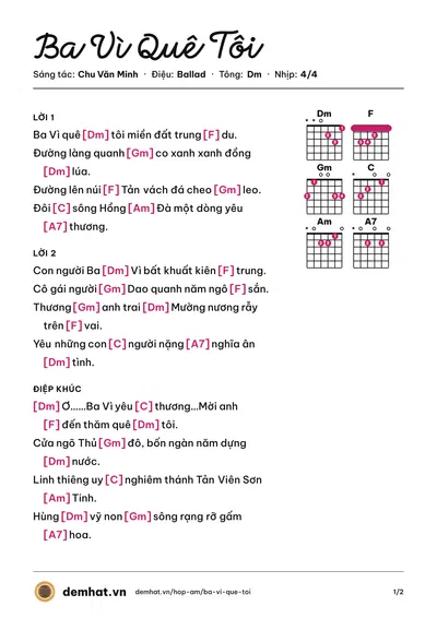 Hợp âm Ba Vì Quê Tôi (Chu Văn Minh) – bản nhạc PDF trang 1, tông Dm