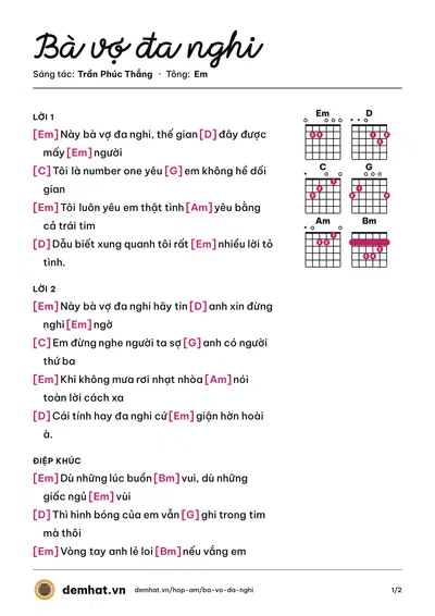 Hợp âm Bà vợ đa nghi (Trần Phúc Thắng) – bản nhạc PDF trang 1, tông Em