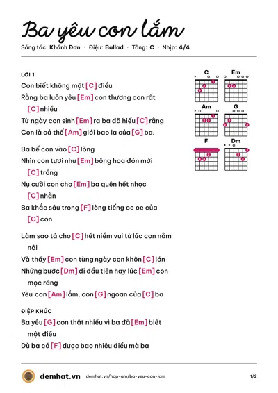 Hợp âm Ba yêu con lắm (Khánh Đơn) – bản nhạc PDF trang 1, tông C