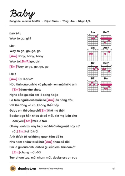 Hợp âm Baby (MCK) – bản nhạc PDF trang 1, tông Am