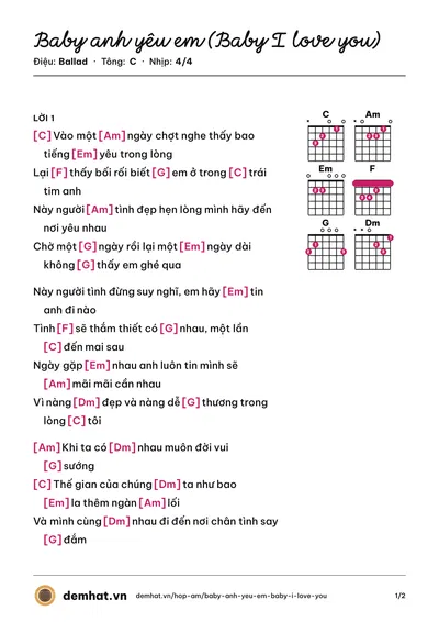 Hợp âm Baby anh yêu em (Baby I love you) (Ưng Hoàng Phúc) – bản nhạc PDF trang 1, tông C
