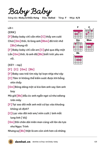 Hợp âm Baby Baby (MONSTAR) – bản nhạc PDF trang 1, tông F