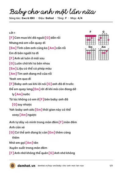Hợp âm Baby cho anh một lần nữa (IBKI) – bản nhạc PDF trang 1, tông F