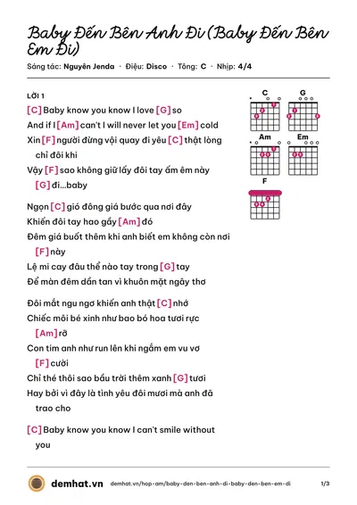 Hợp âm Baby Đến Bên Anh Đi (Baby Đến Bên Em Đi) (Nguyên Jenda) – bản nhạc PDF trang 1, tông C