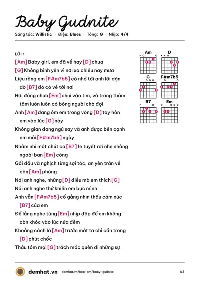 Hợp âm Baby Gudnite (Willistic) – bản nhạc PDF trang 1, tông G