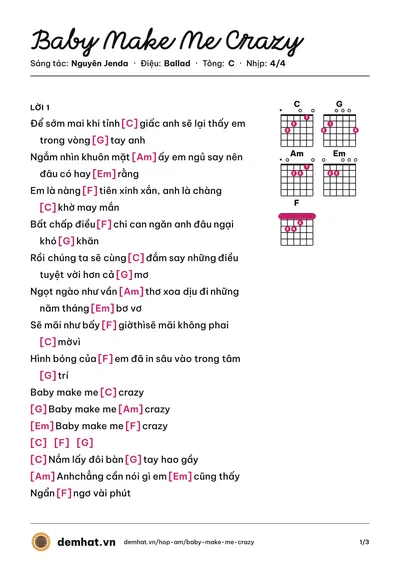 Hợp âm Baby Make Me Crazy (Nguyên Jenda) – bản nhạc PDF trang 1, tông C