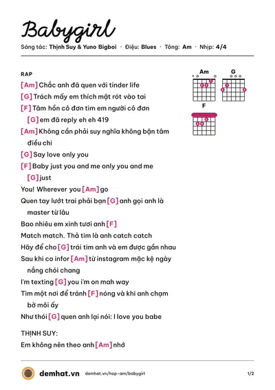 Hợp âm Babygirl (Yuno Bigboi) – bản nhạc PDF trang 1, tông Am