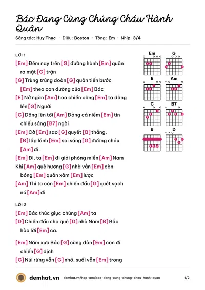 Hợp âm Bác Đang Cùng Chúng Cháu Hành Quân (Tốp Ca) – bản nhạc PDF trang 1, tông Em