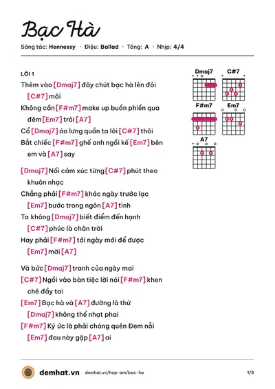 Hợp âm Bạc Hà (Hennessy) – bản nhạc PDF trang 1, tông A