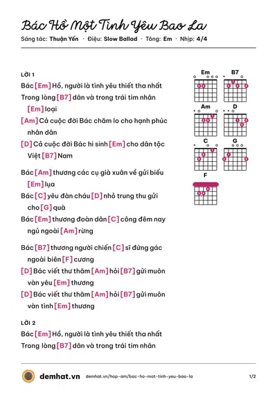 Hợp âm Bác Hồ Một Tình Yêu Bao La (Thu Hiền) – bản nhạc PDF trang 1, tông Em