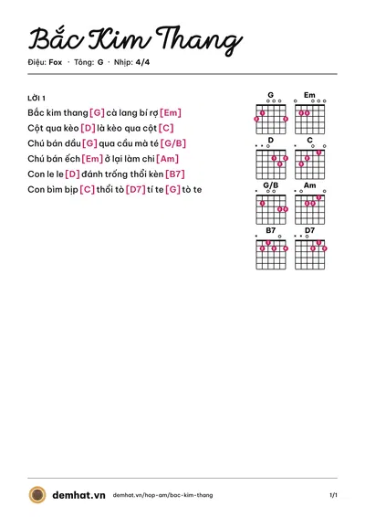 Hợp âm Bắc Kim Thang (Xuân Mai) – bản nhạc PDF trang 1, tông G