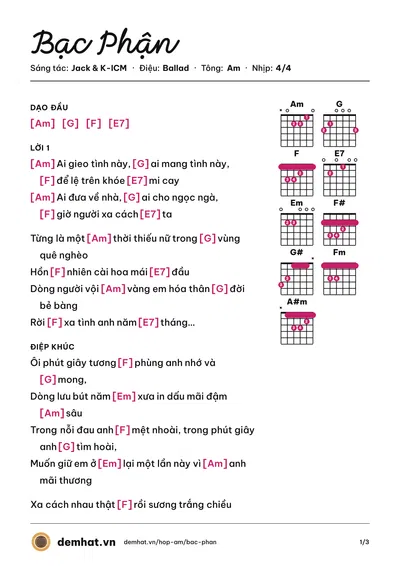 Hợp âm Bạc Phận (Jack) – bản nhạc PDF trang 1, tông Am