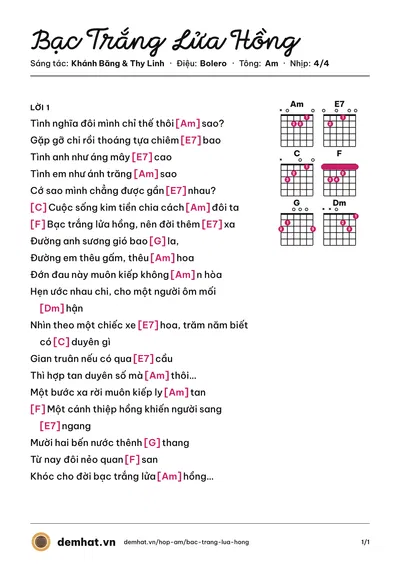 Hợp âm Bạc Trắng Lửa Hồng (Mạnh Quỳnh) – bản nhạc PDF trang 1, tông Am