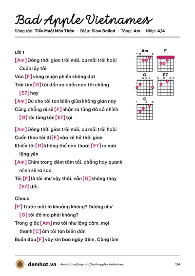 Hợp âm Bad Apple Vietnames (Tiểu Muội Màn Thầu) – bản nhạc PDF trang 1, tông Am