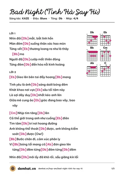 Hợp âm Bad Night (Tinh Hà Say Hi) (Dương Domic) – bản nhạc PDF trang 1, tông Db