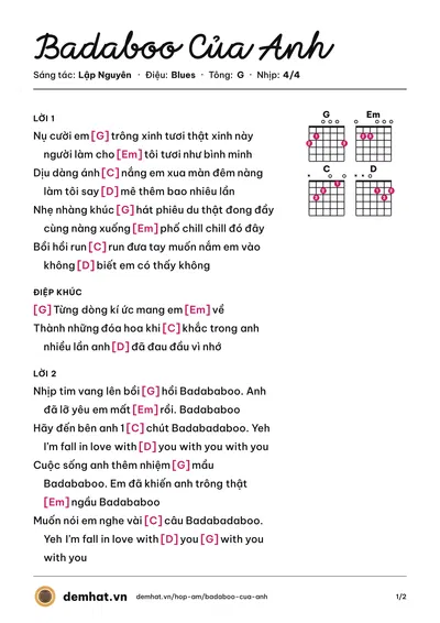 Hợp âm Badaboo Của Anh (Lập Nguyên) – bản nhạc PDF trang 1, tông G
