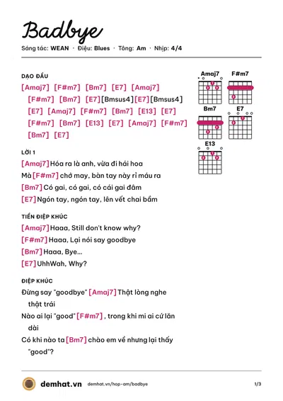 Hợp âm Badbye (WEAN) – bản nhạc PDF trang 1, tông Am