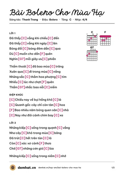 Hợp âm Bài Bolero Cho Mùa Hạ (Thanh Trang) – bản nhạc PDF trang 1, tông C
