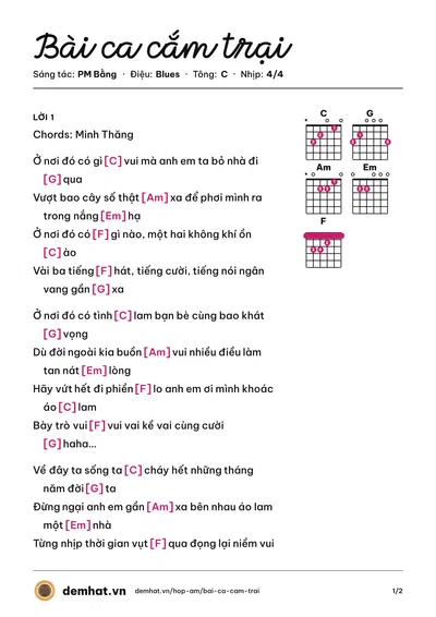 Hợp âm Bài ca cắm trại (PM Bằng) – bản nhạc PDF trang 1, tông C