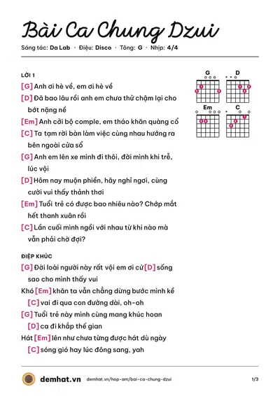 Hợp âm Bài Ca Chung Dzui (Da Lab) – bản nhạc PDF trang 1, tông G
