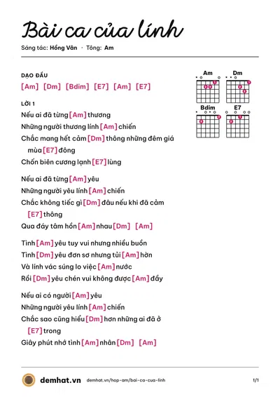 Hợp âm Bài ca của lính (Hồng Trúc) – bản nhạc PDF trang 1, tông Am