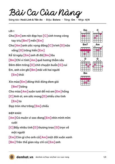 Hợp âm Bài Ca Của Nàng (Mạnh Quỳnh) – bản nhạc PDF trang 1, tông Em