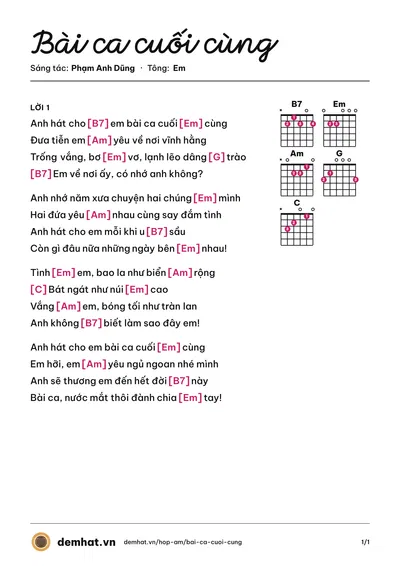 Hợp âm Bài ca cuối cùng (Lê Bảo) – bản nhạc PDF trang 1, tông Em