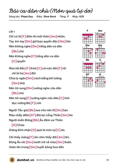Hợp âm Bài ca dân chủ (Món quà tự do) (Bùi Tuấn) – bản nhạc PDF trang 1, tông F