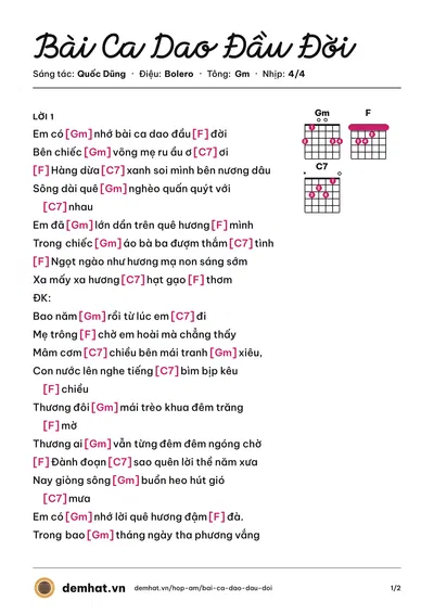 Hợp âm Bài Ca Dao Đầu Đời (Tâm Đoan) – bản nhạc PDF trang 1, tông Gm